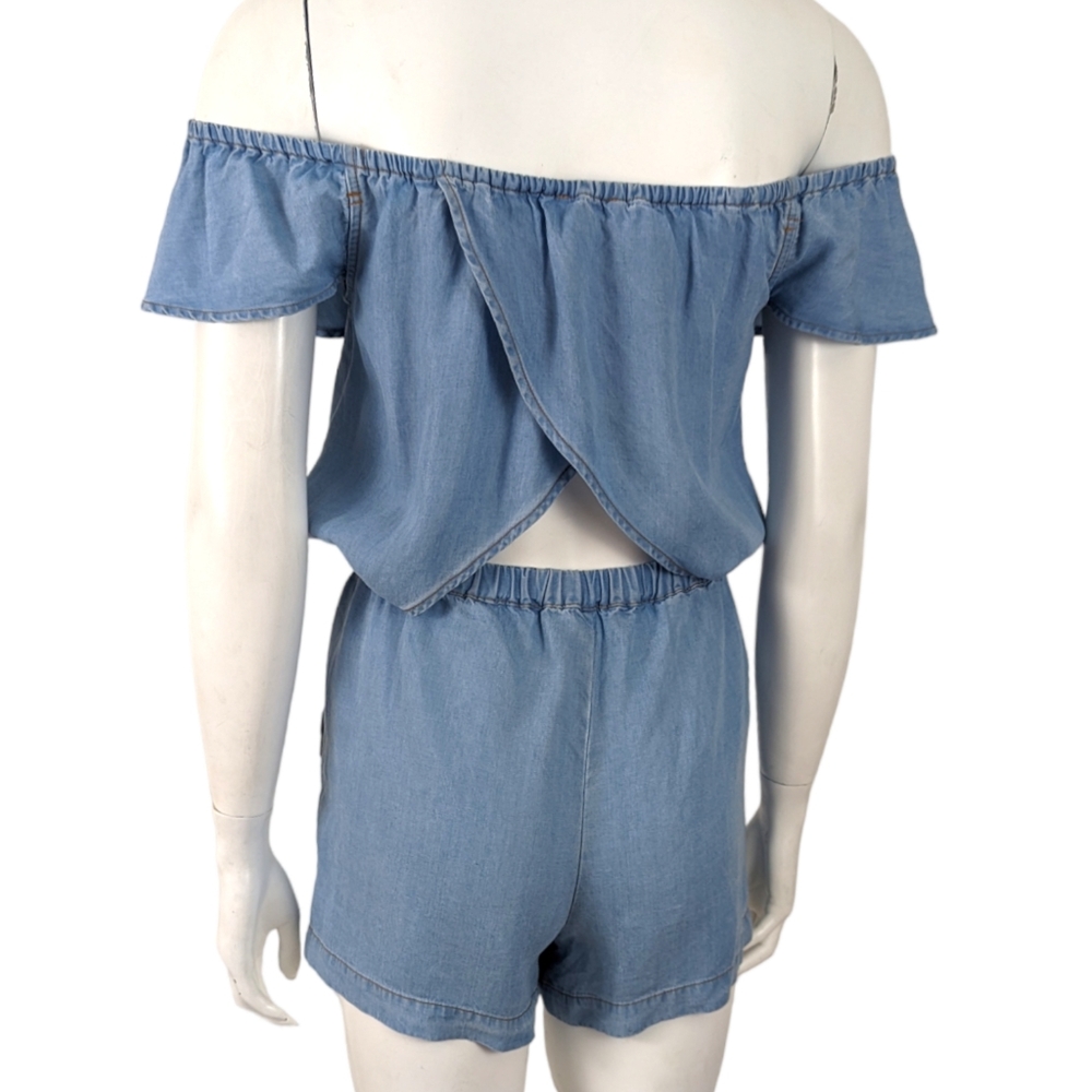 Splendid Chambray Romper Jumpsuit Womens XS Blue Tencel Off The Shoulder - Picture 4 of 15